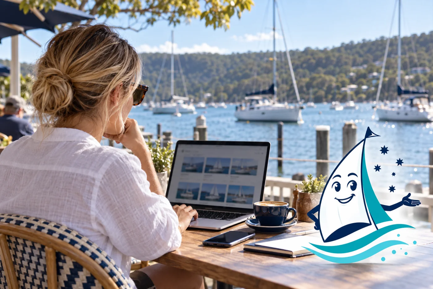 A buyer researches sailing yachts at an Australian marina, with Saily alongside