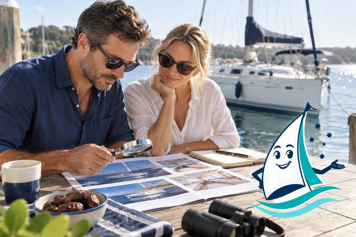 Records: illustrative yacht-buying scene with Saily
