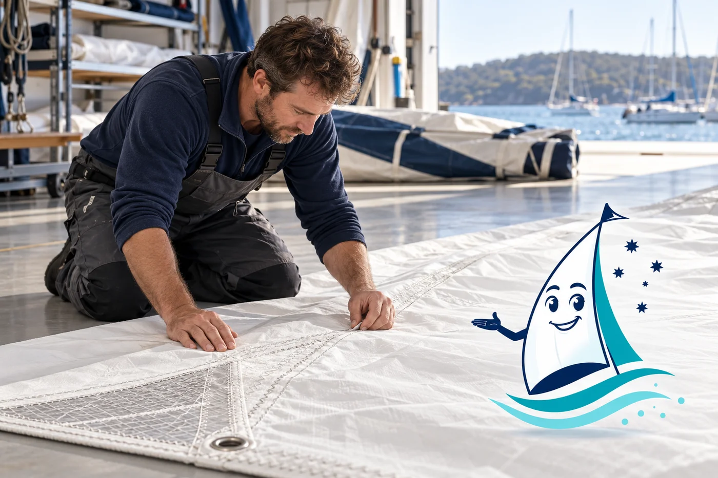 A sailmaker examines a mainsail with Saily alongside