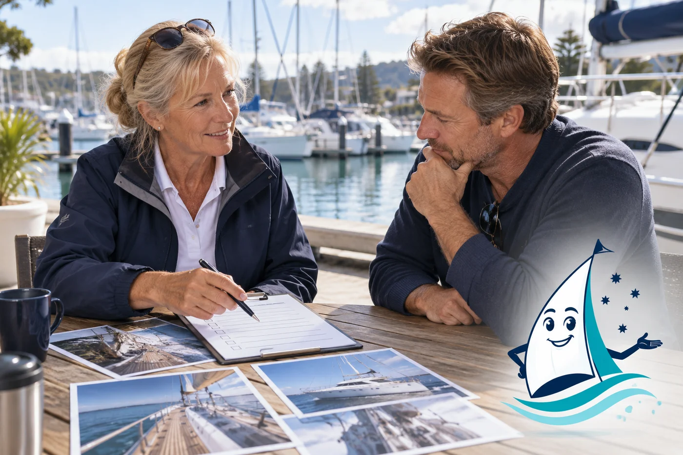 An independent marine surveyor briefs a buyer, with Saily beside them