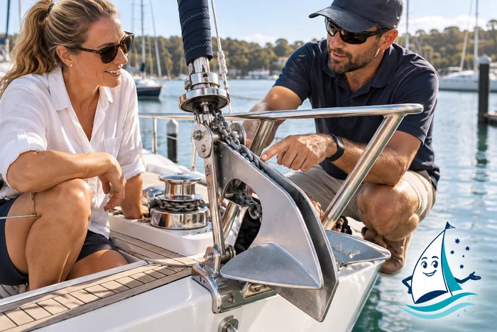 Anchor, chain, windlass & bow fittings: editorial illustration with Saily