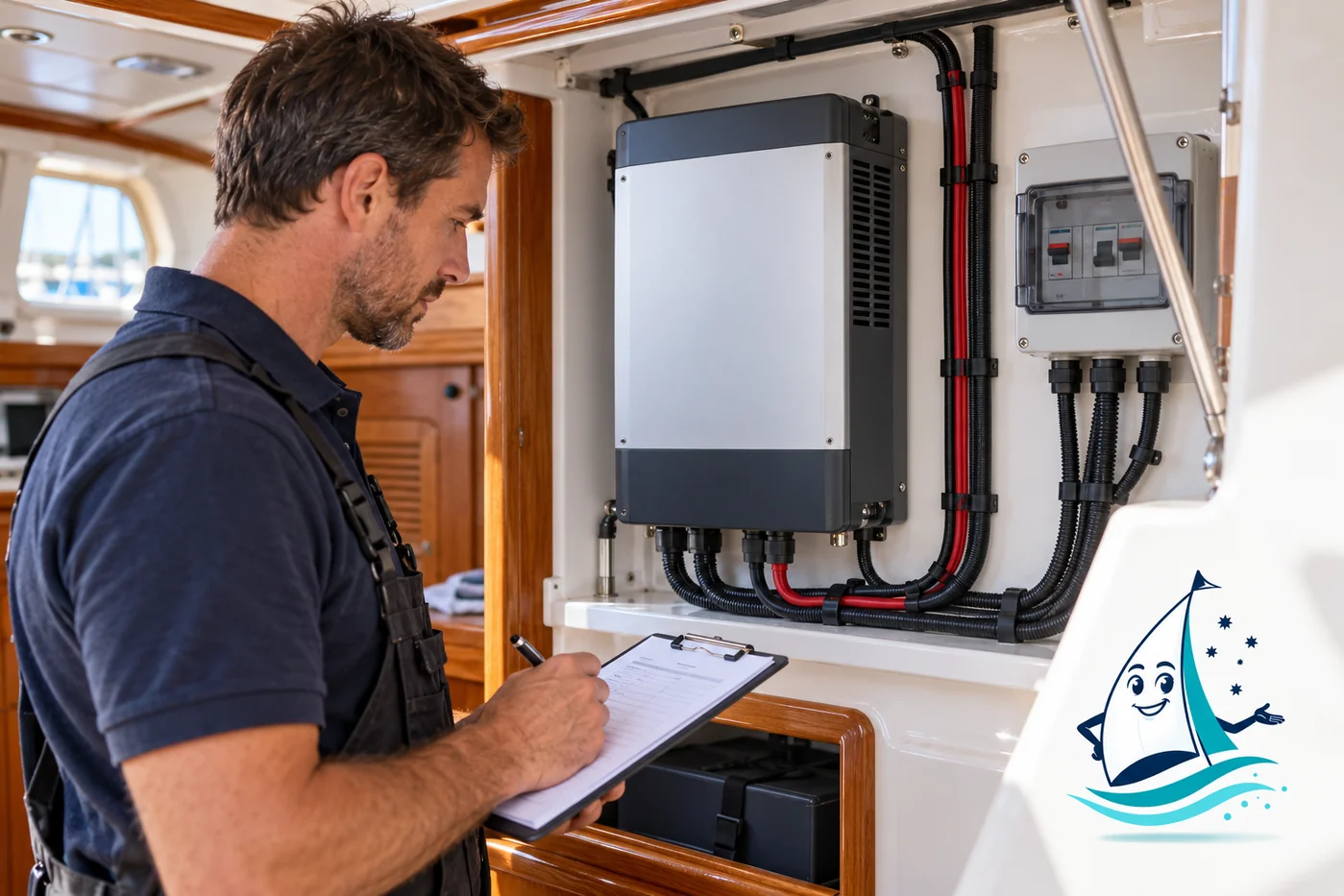 Inverter, shore power & AC appliances upgrade guide: editorial illustration featuring Saily